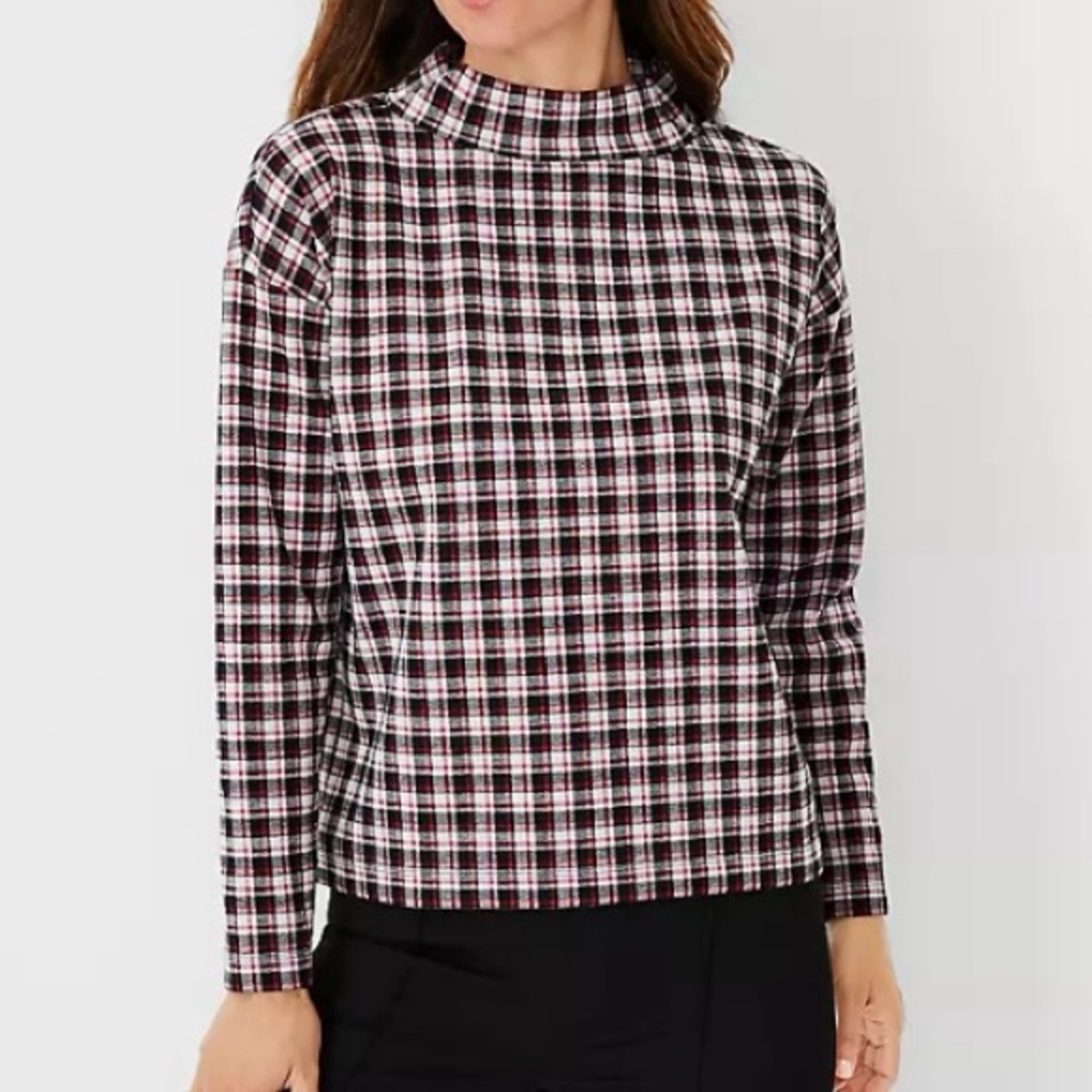 ANN TAYLOR Plaid Mock Neck Top Long Sleeves